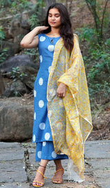 Blue handloom cotton co-ord with yellow kota dupatta setHOSBK 128