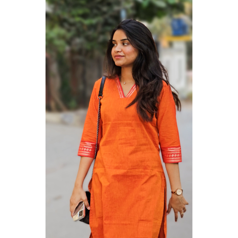Orange Handloom Mangalagiri Cotton Kurta Code: HOSMO 109