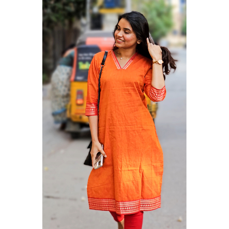 Orange Handloom Mangalagiri Cotton Kurta Code: HOSMO 109
