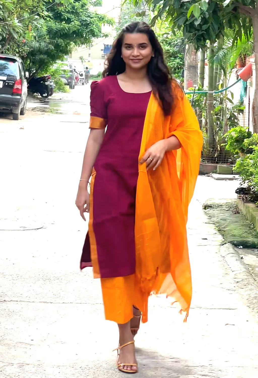 Orange and Maroon Mangalagiri handloom dupatta setCode: HOSMD 133