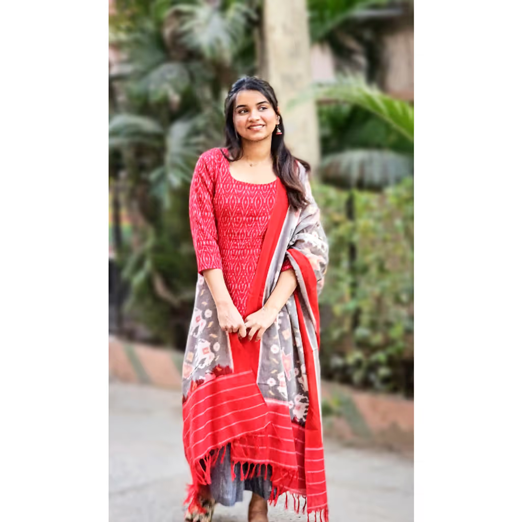 Red and Grey Ikkaat Suit Set