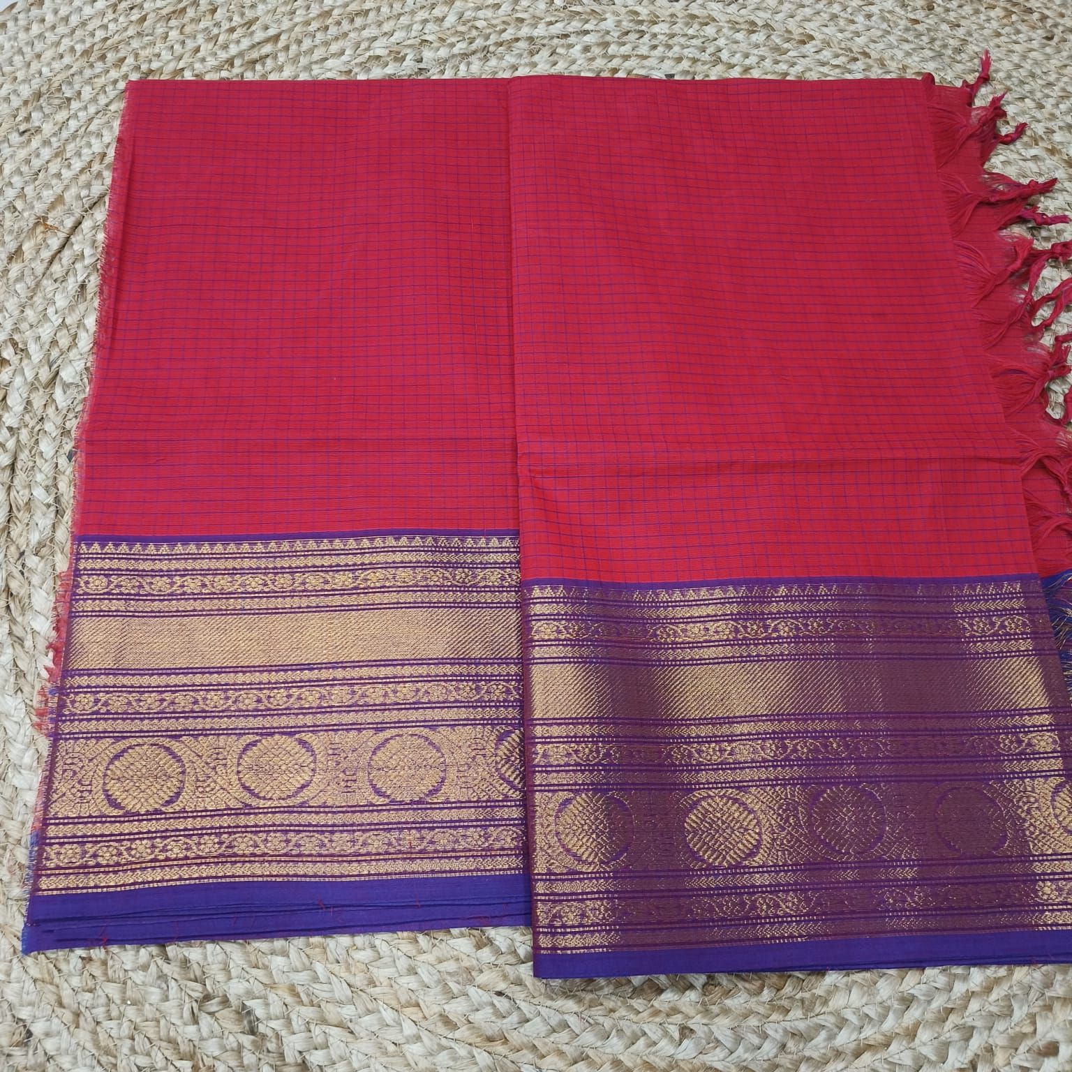 Red and blue checks kanchi cotton dress matreial