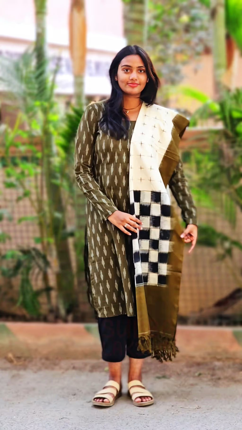 Olive Green Ikkat Handloom Straight Cut Kurthi