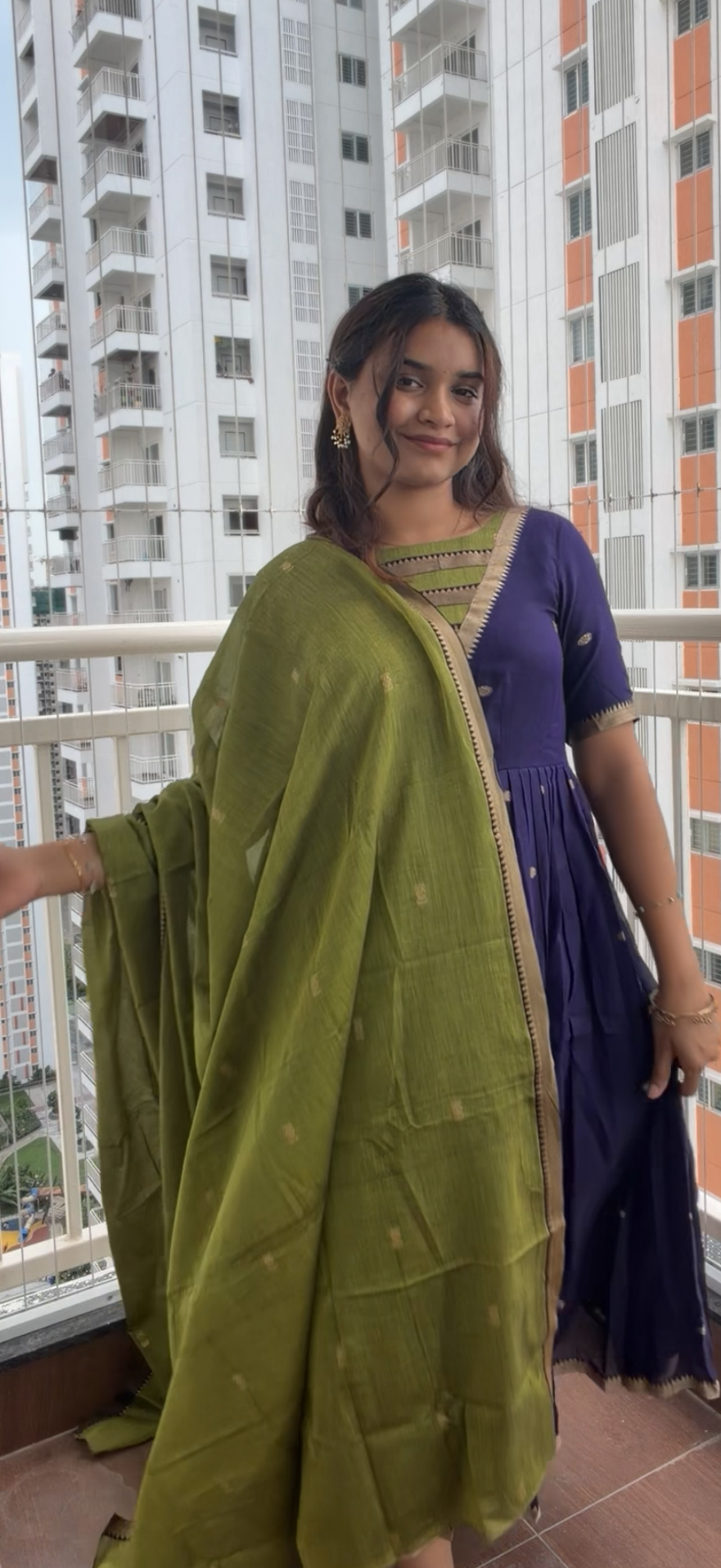 Narayanpet Cotton Blue and Green Dupatta Dress Set