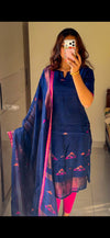 Navy Blue Linen Top & Dupatta Set