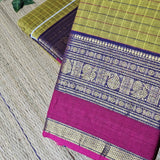 Yellow Checks Kanchi Cotton Handloom Saree with Magenta Zari Border (HOS_KYP 014)