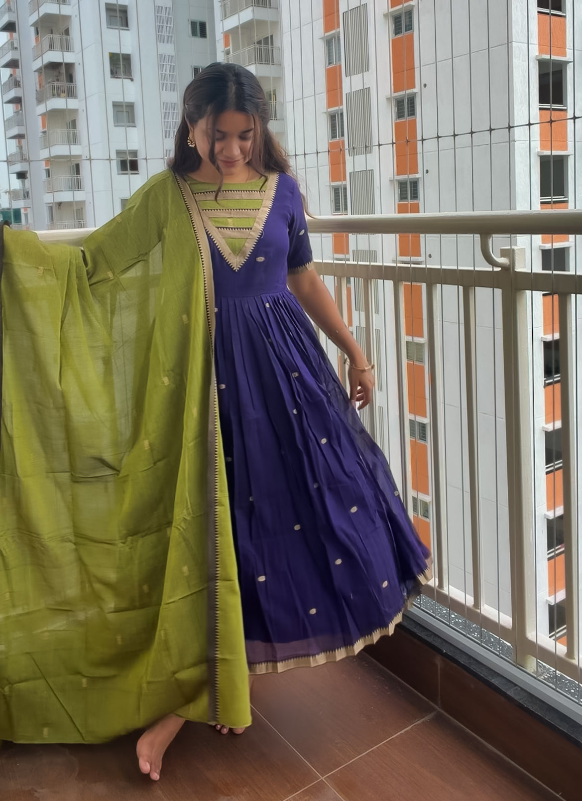 Narayanpet Cotton Blue and Green Dupatta Dress Set