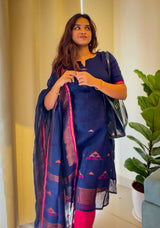 Navy Blue Linen Top & Dupatta Set