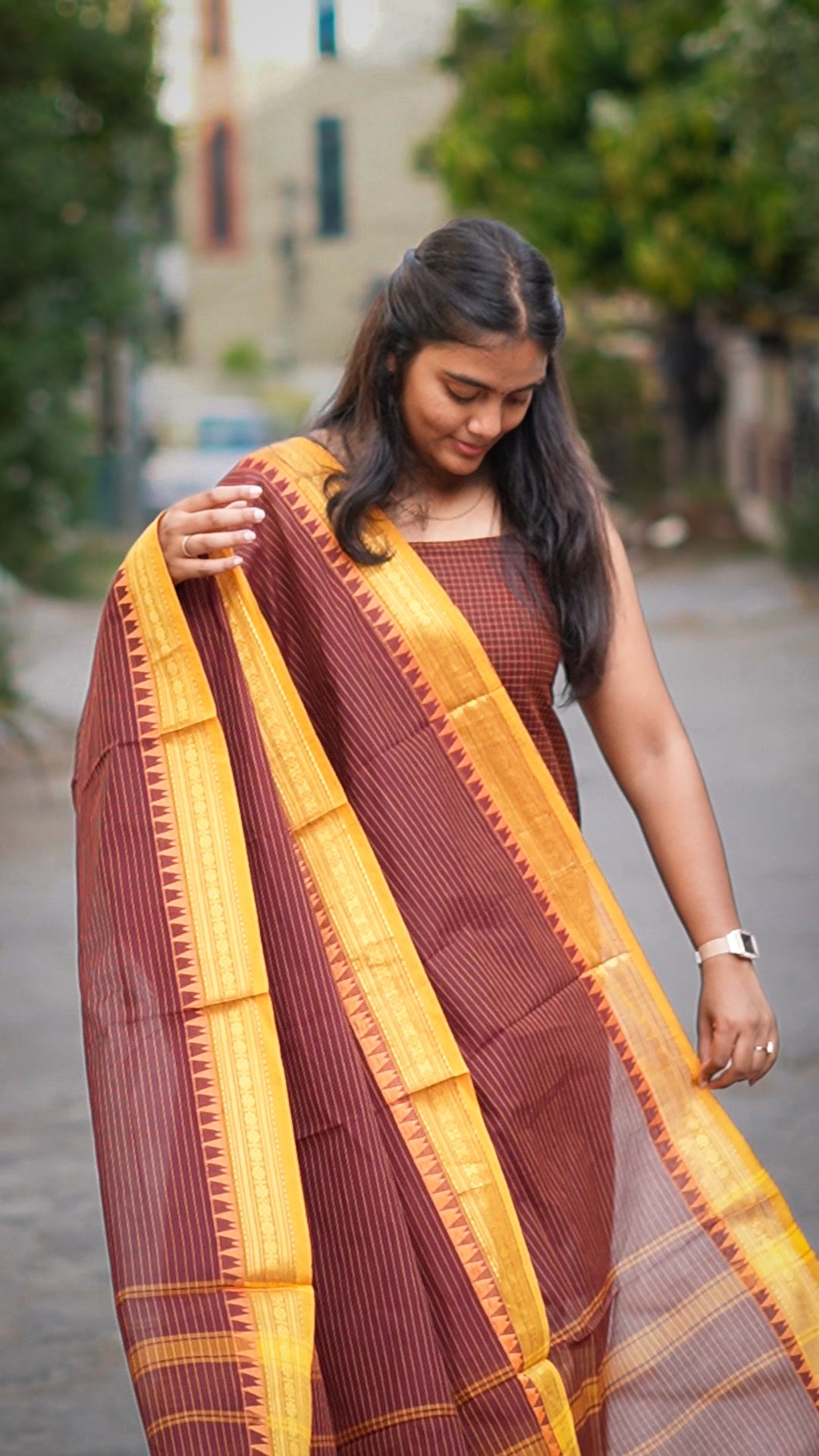 Brown and yellow Kanchi cotton checks material
