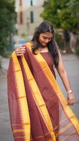 Brown and yellow Kanchi cotton checks material