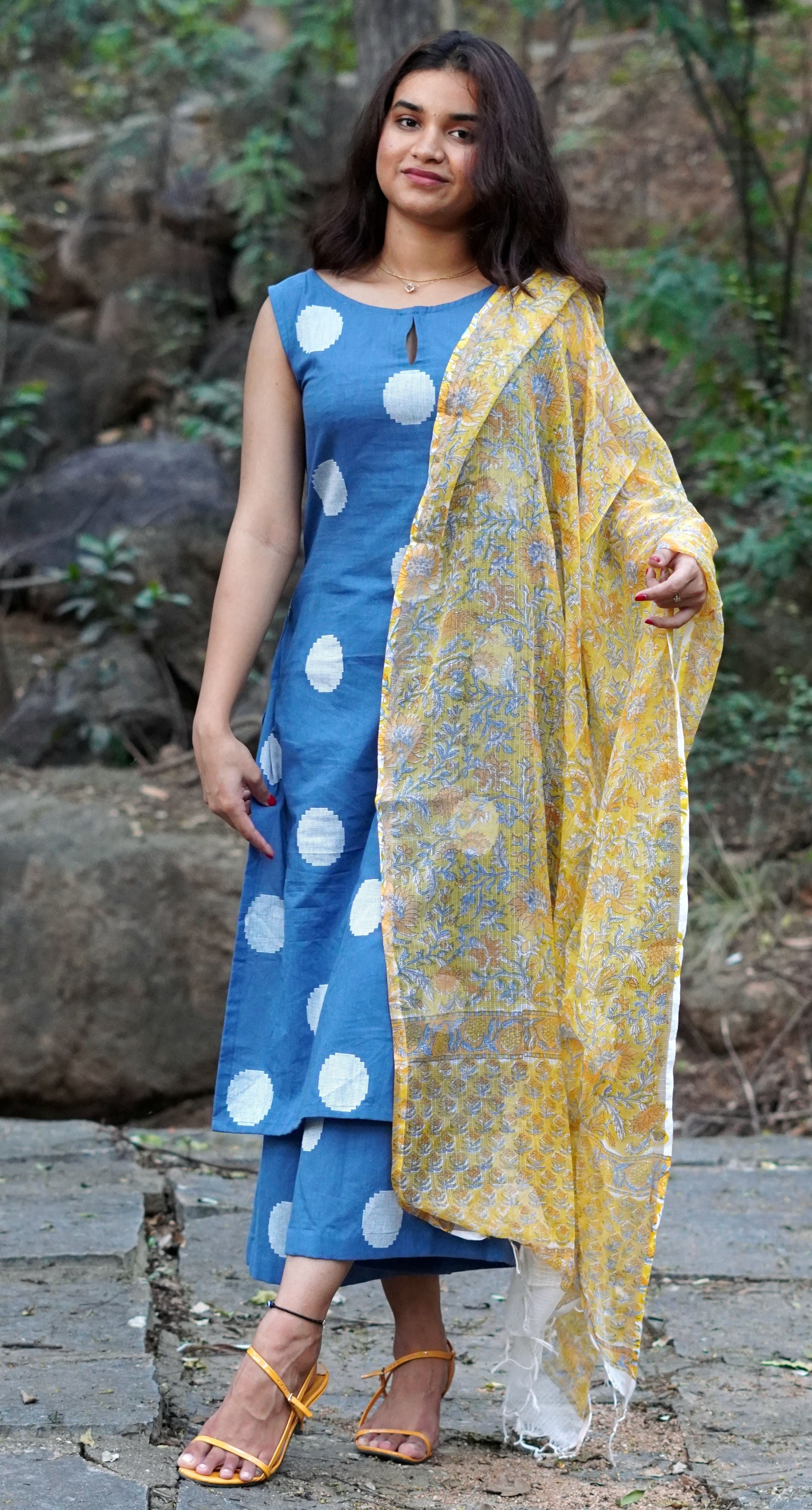 Blue handloom cotton co-ord with yellow kota dupatta setHOSBK 128
