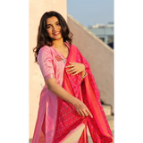 Pink Mangalagiri Kurti and Ikkat Dupatta Set Code: HOSIP 110