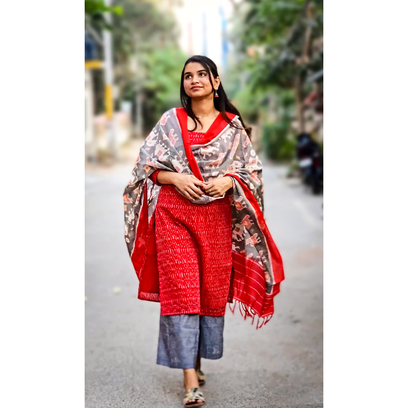 Red and Grey Ikkaat Suit Set