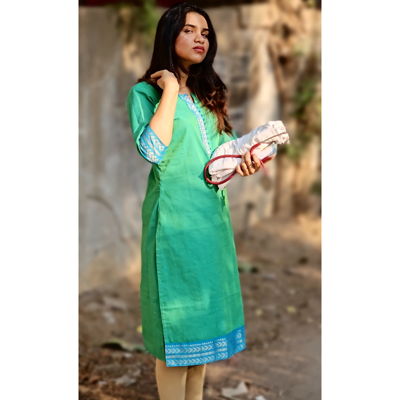 Sea Green Mangalagiri Cotton Kurti Code: HOSMG 112