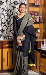 Pure Mul Black and yellow handloom Sarees Code: HOSMB 303