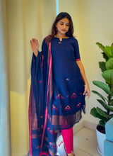 Navy Blue Linen Top & Dupatta Set