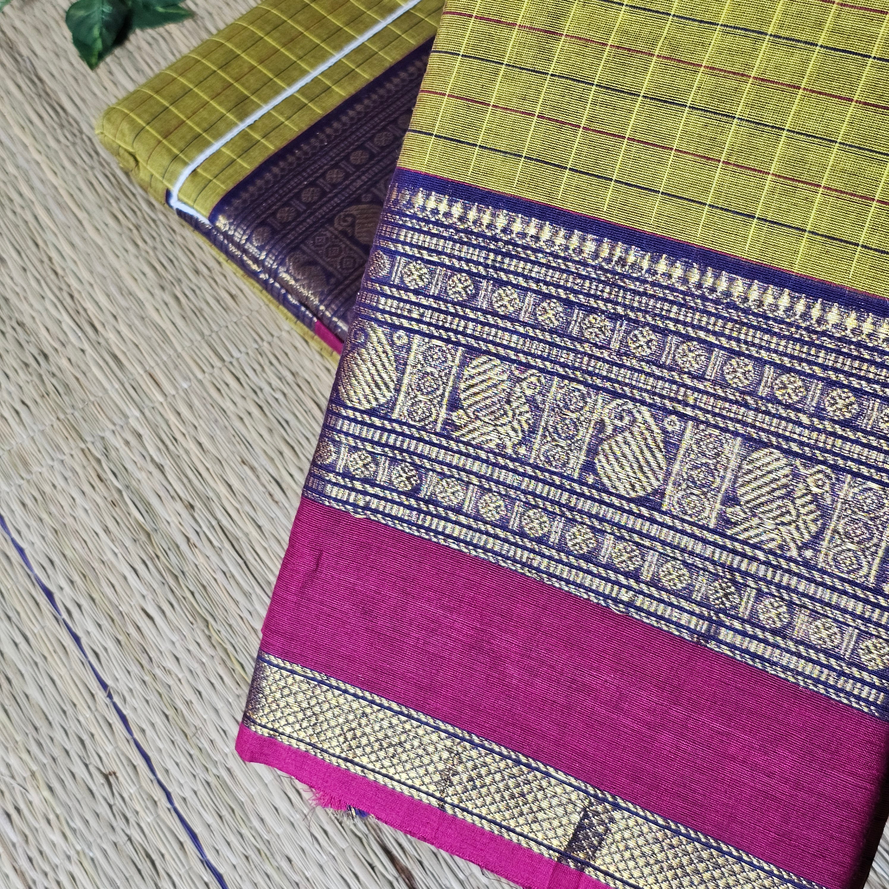 Yellow Checks Kanchi Cotton Handloom Saree with Magenta Zari Border (HOS_KYP 014)