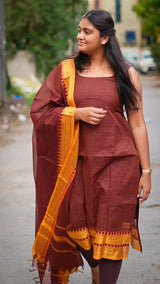 Brown and yellow Kanchi cotton checks material