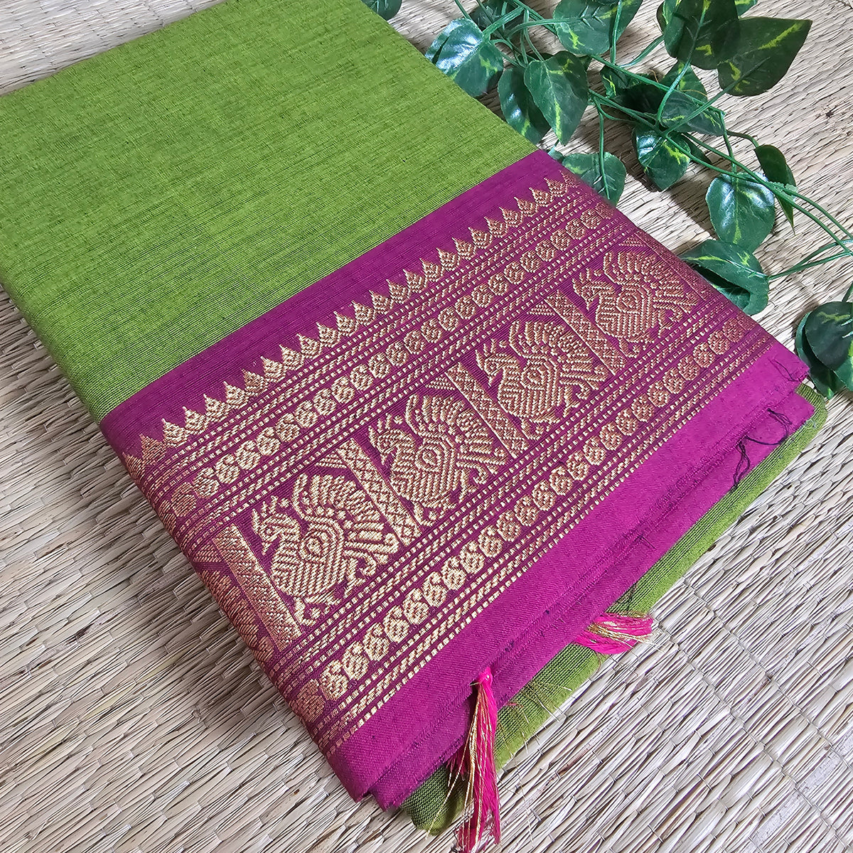 Parrot green and Rani pink Chettinad Cotton Saree