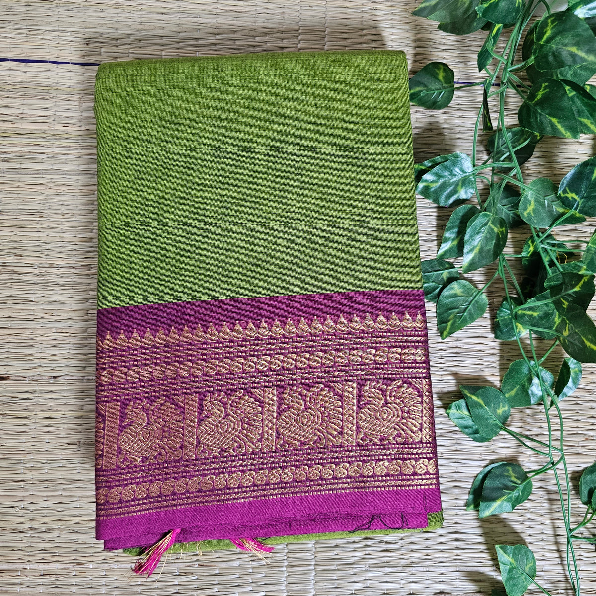 Parrot green and Rani pink Chettinad Cotton Saree