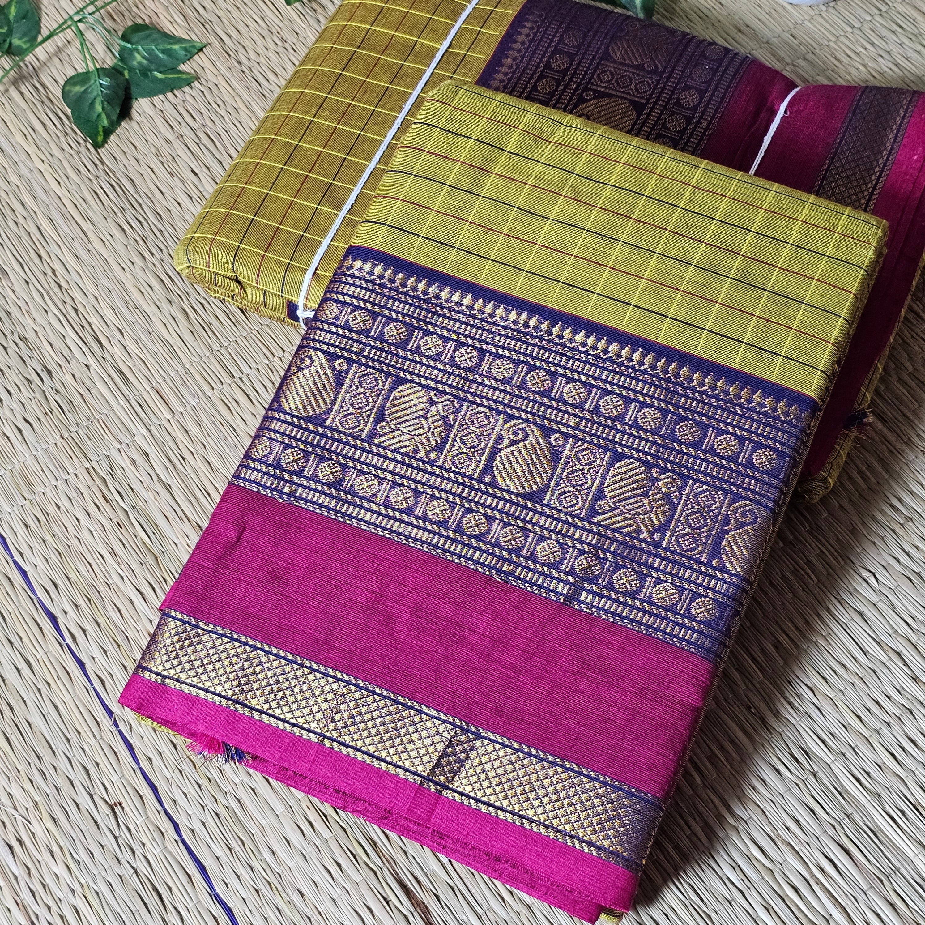 Yellow Checks Kanchi Cotton Handloom Saree with Magenta Zari Border (HOS_KYP 014)