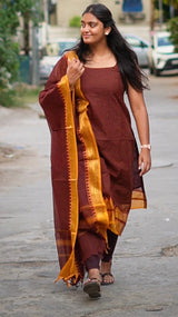 Brown and yellow Kanchi cotton checks material