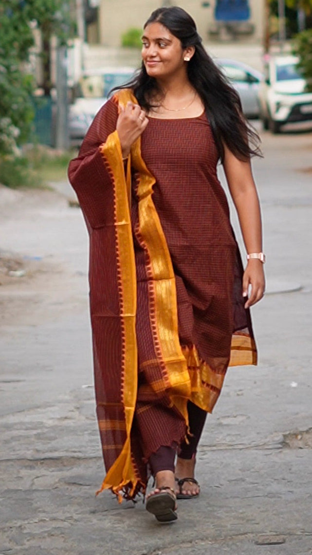Brown and yellow Kanchi cotton checks material