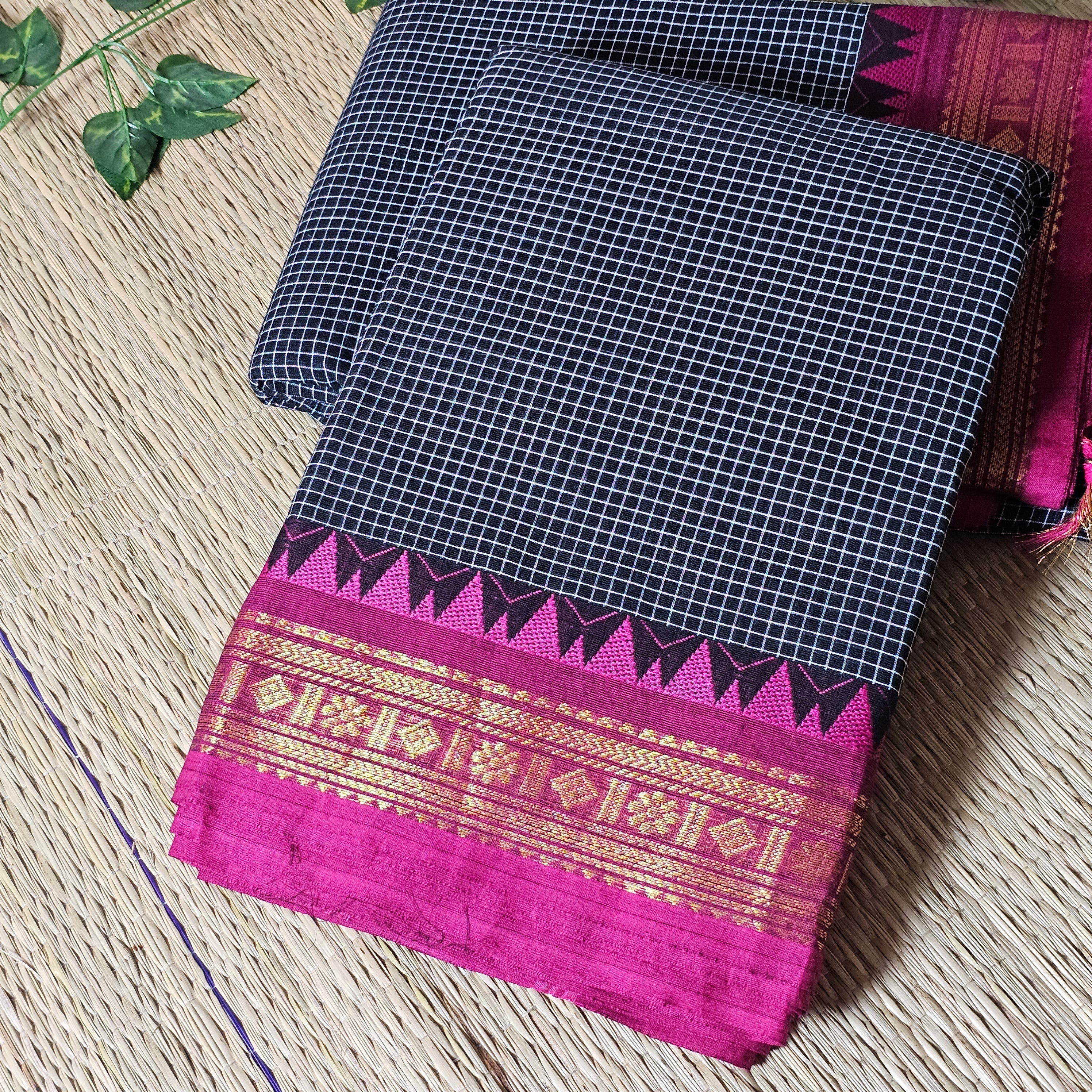 Black Checks Kanchi Cotton Handloom Saree with Dark pink Zari Border (HOS_KBC 013)